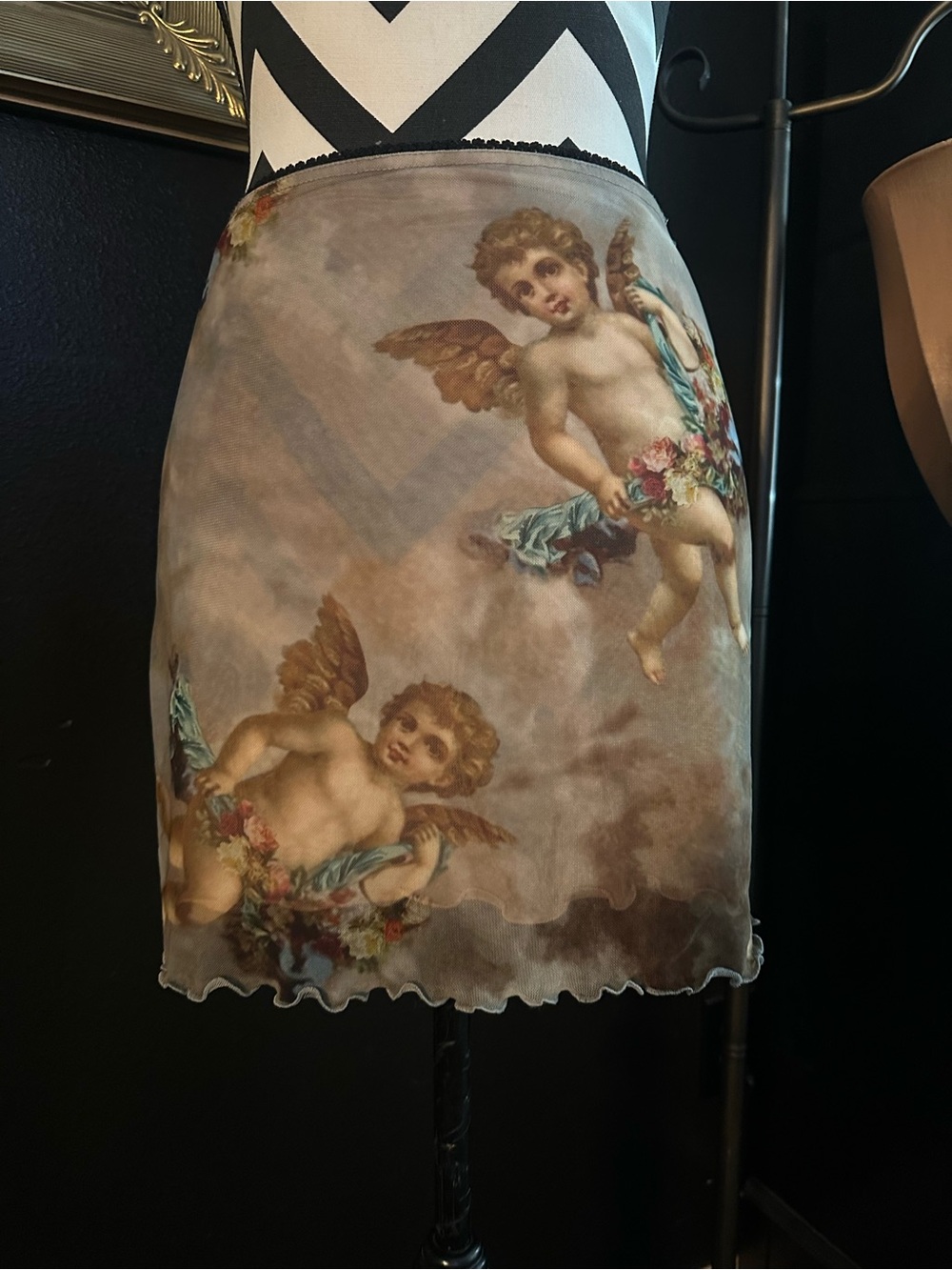 Urban Outfitters Cherub Print Mini Skirt in Taupe and Gold Accents
